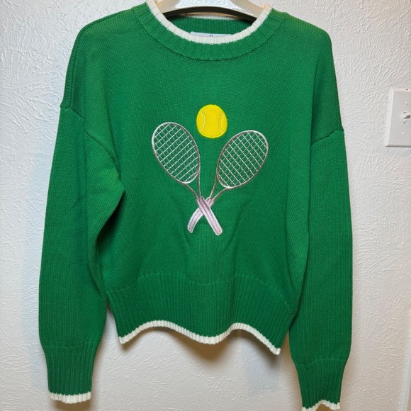 M by Marled Green Tennis Racket Ball Embroidered Sweater Women's Size M - Picture 3 of 9